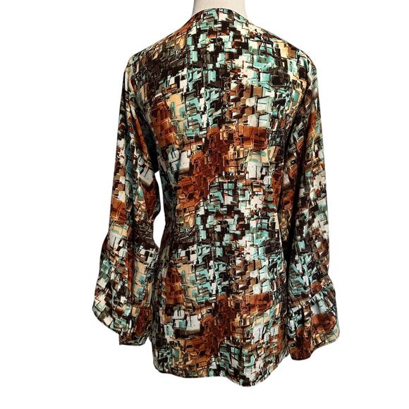 Betsey Johnson Abstract Art Wrap Top Womens Large Tie Front Flare Bell Sleeve - Picture 4 of 8
